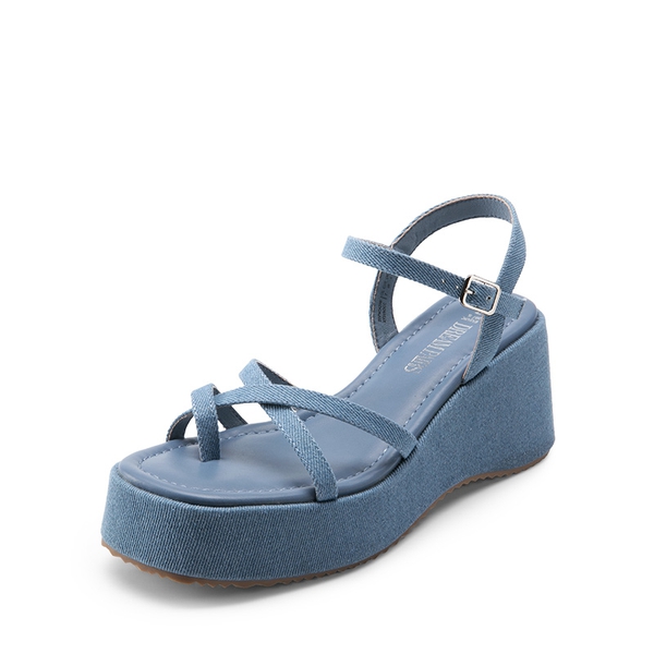 Platform Cork Wedge Sandals - DENIM BLUE -  0